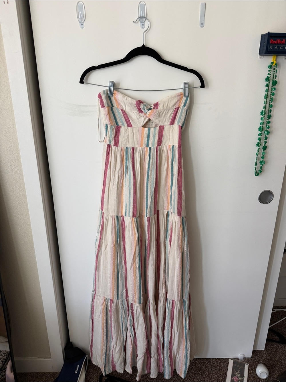 l*space Strapless Maxi Dress in Cream with Pink, Blue, Green and Tan Stripes